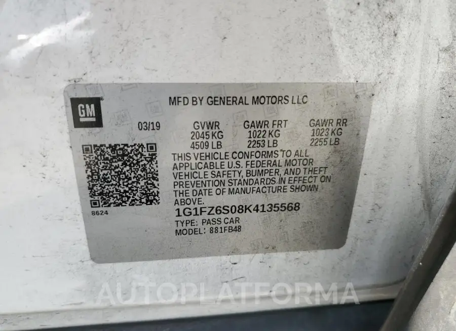 CHEVROLET BOLT EV PR 2019 vin 1G1FZ6S08K4135568 from auto auction Copart