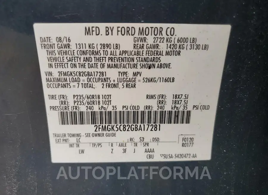 FORD FLEX SEL 2016 vin 2FMGK5C82GBA17281 from auto auction Copart