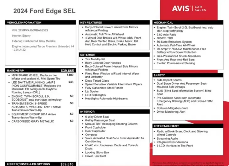 FORD EDGE SEL 2024 vin 2FMPK4J90RBA68383 from auto auction Copart