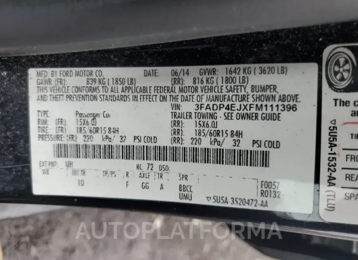 FORD FIESTA SE 2015 vin 3FADP4EJXFM111396 from auto auction Copart