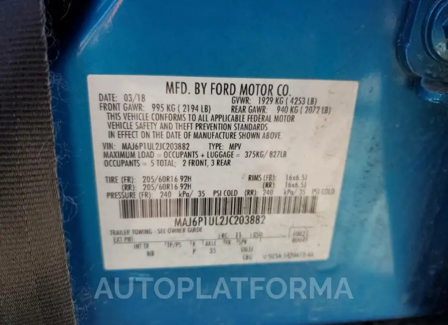 FORD ECOSPORT S 2018 vin MAJ6P1UL2JC203882 from auto auction Copart