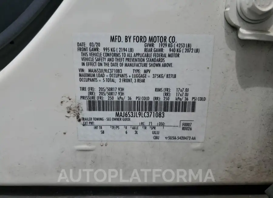 FORD ECOSPORT S 2020 vin MAJ6S3JL9LC371083 from auto auction Copart