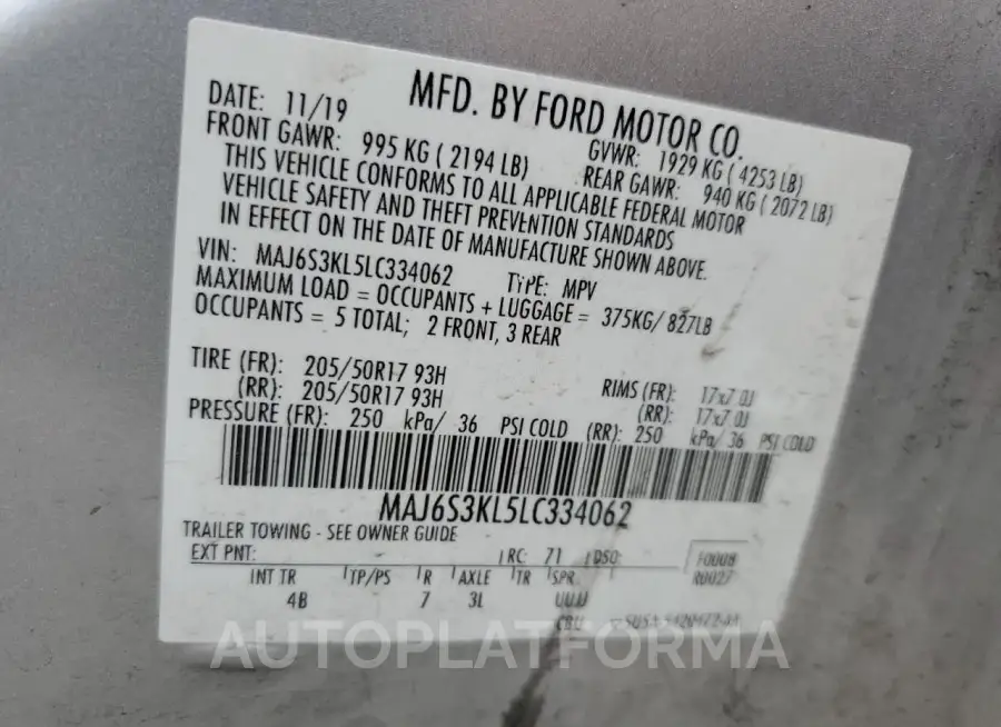 FORD ECOSPORT T 2020 vin MAJ6S3KL5LC334062 from auto auction Copart