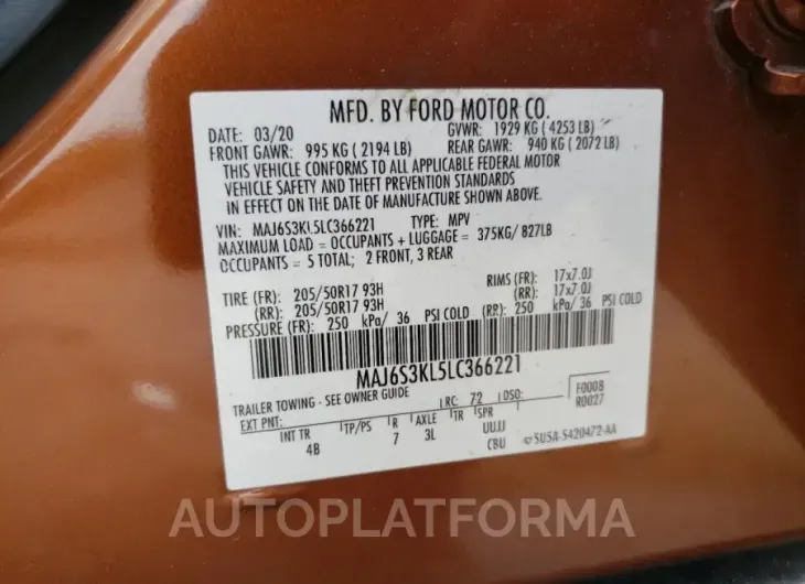 FORD ECOSPORT T 2020 vin MAJ6S3KL5LC366221 from auto auction Copart