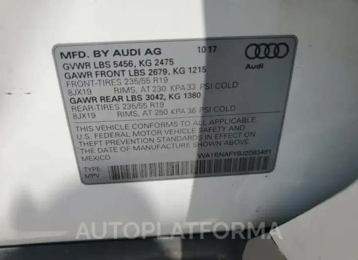 AUDI Q5 PREMIUM 2018 vin WA1BNAFY8J2083481 from auto auction Copart