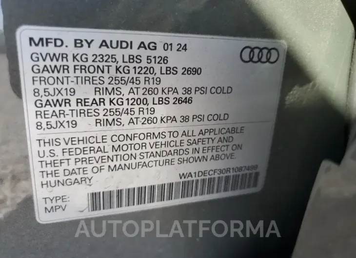 AUDI Q3 PREMIUM 2024 vin WA1DECF30R1087499 from auto auction Copart