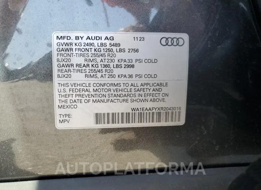 AUDI Q5 PREMIUM 2024 vin WA1EAAFYXR2043018 from auto auction Copart