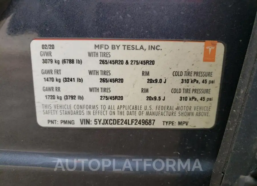 TESLA MODEL X 2020 vin 5YJXCDE24LF249687 from auto auction Copart