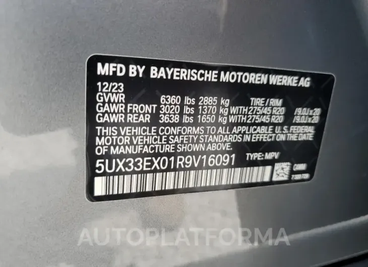 BMW X6 XDRIVE4 2024 vin 5UX33EX01R9V16091 from auto auction Copart