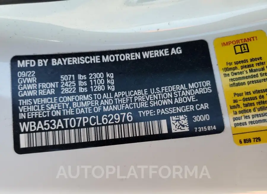 BMW M440I 2023 vin WBA53AT07PCL62976 from auto auction Copart