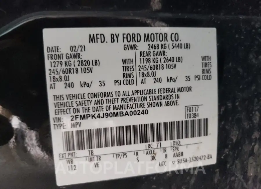 FORD EDGE SEL 2021 vin 2FMPK4J90MBA00240 from auto auction Copart