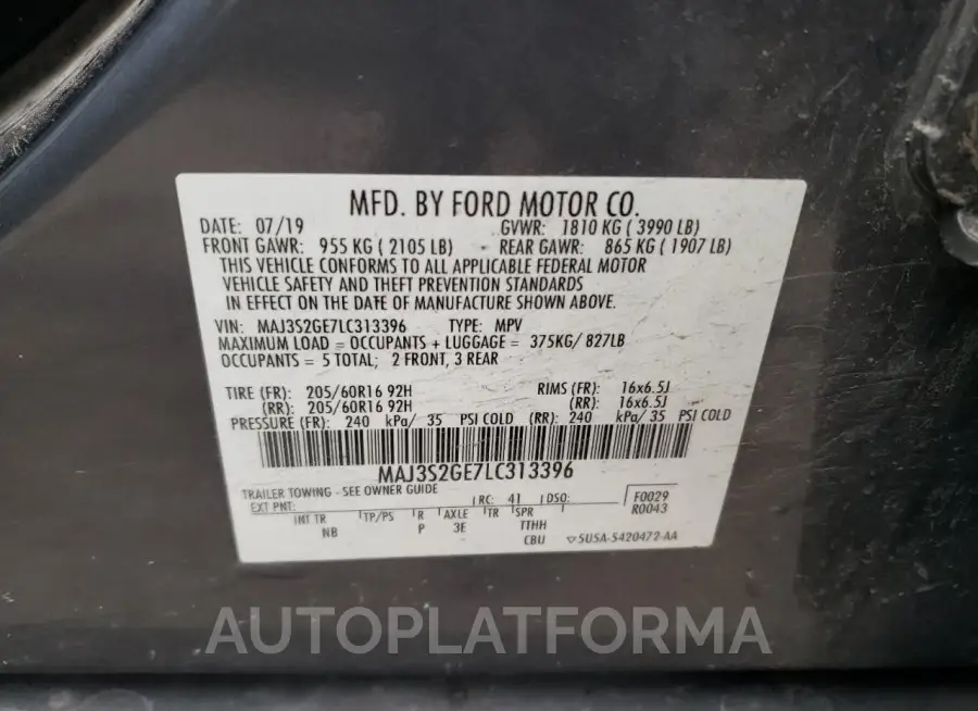 FORD ECOSPORT S 2020 vin MAJ3S2GE7LC313396 from auto auction Copart