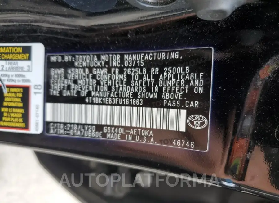 TOYOTA AVALON XLE 2015 vin 4T1BK1EB3FU161863 from auto auction Copart