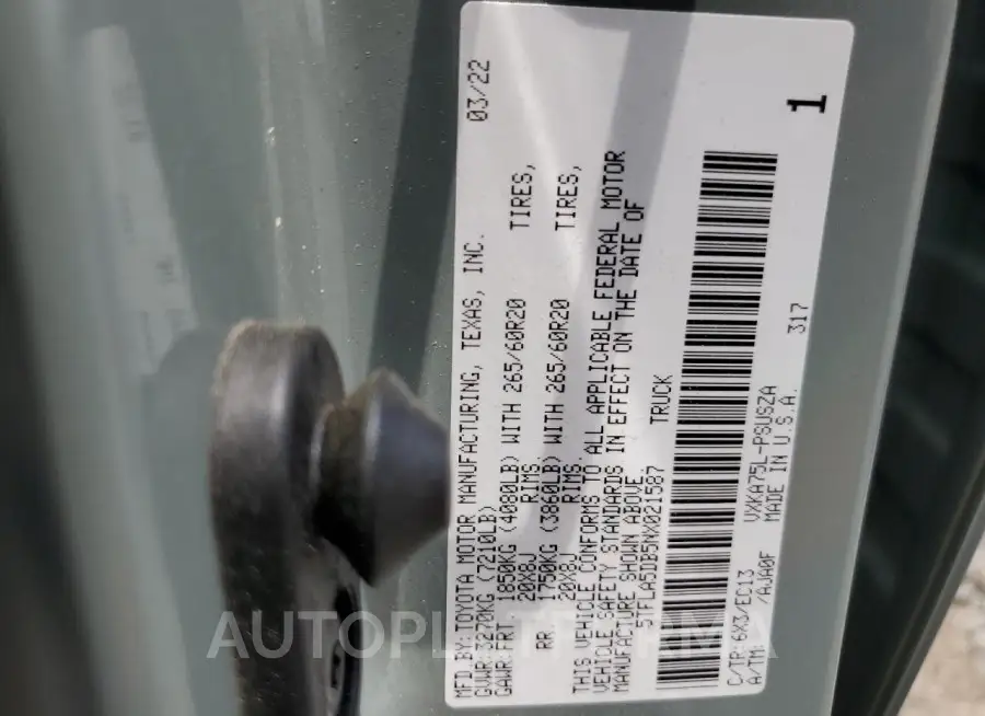 TOYOTA TUNDRA CRE 2022 vin 5TFLA5DB5NX021587 from auto auction Copart