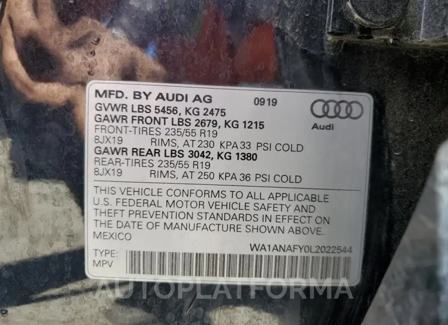 AUDI Q5 PREMIUM 2020 vin WA1ANAFY0L2022544 from auto auction Copart