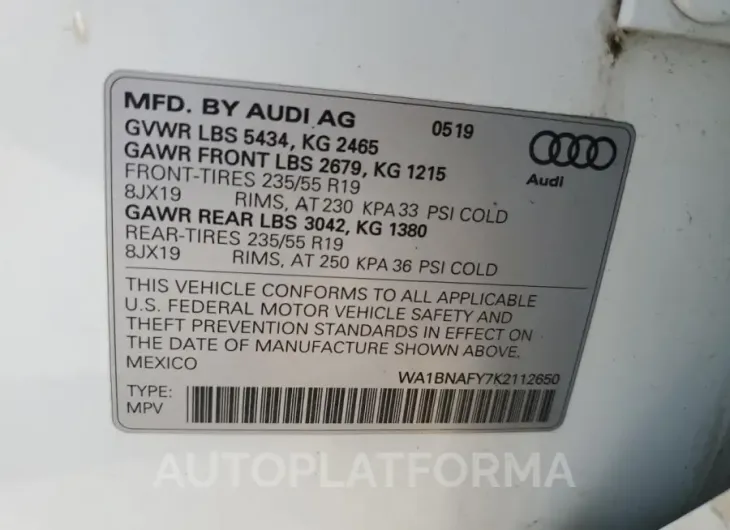 AUDI Q5 PREMIUM 2019 vin WA1BNAFY7K2112650 from auto auction Copart