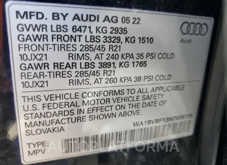 AUDI Q8 PREMIUM 2022 vin WA1BVBF13ND028729 from auto auction Copart