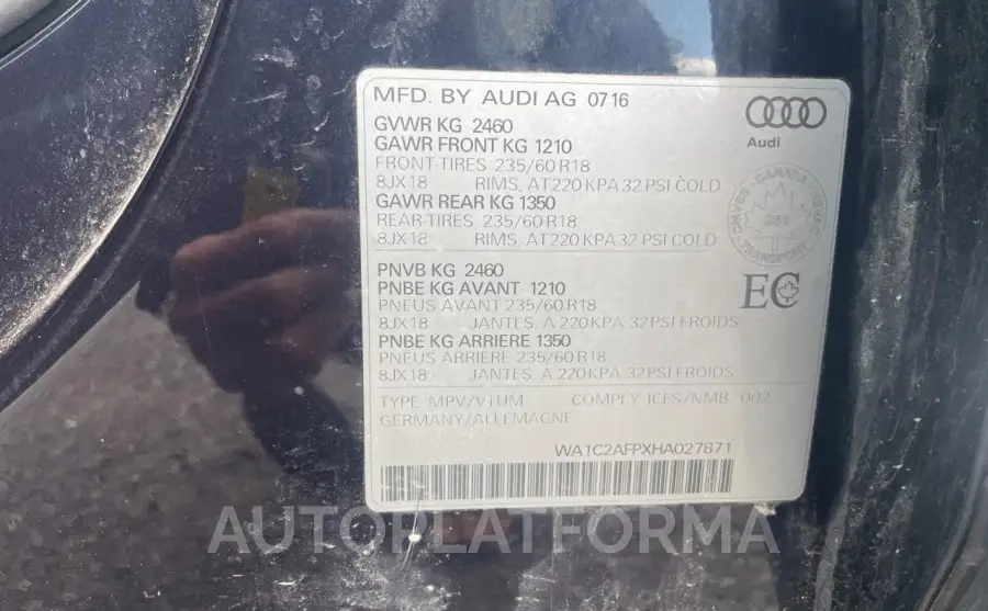 AUDI Q5 PREMIUM 2017 vin WA1C2AFPXHA027871 from auto auction Copart