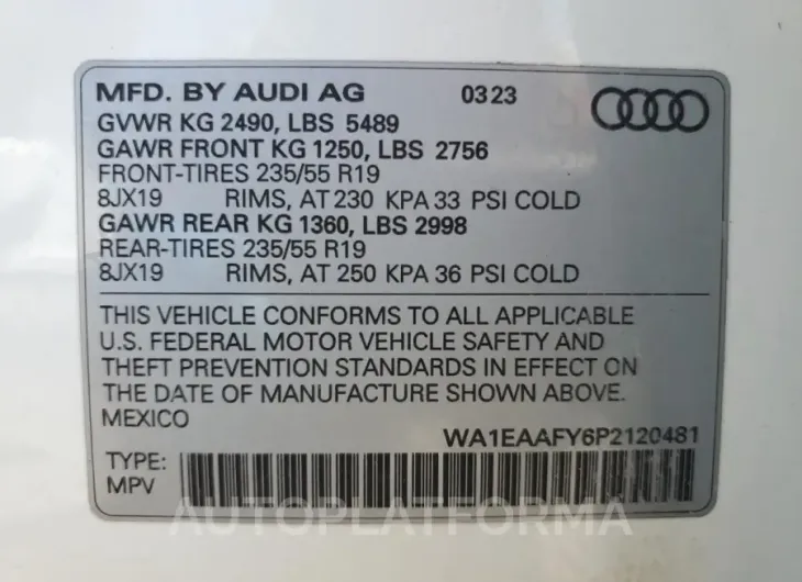 AUDI Q5 PREMIUM 2023 vin WA1EAAFY6P2120481 from auto auction Copart