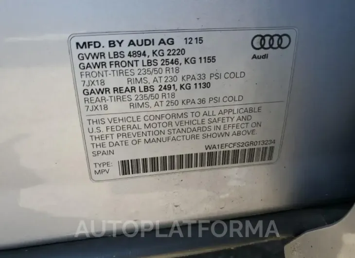 AUDI Q3 PREMIUM 2016 vin WA1EFCFS2GR013234 from auto auction Copart