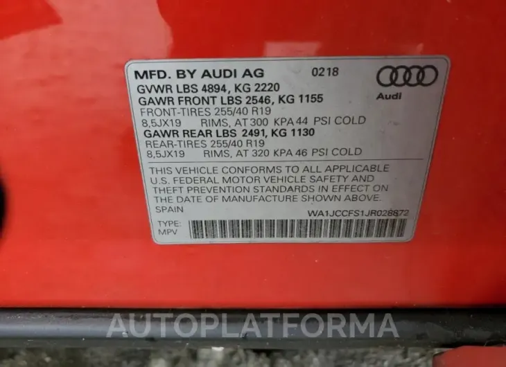 AUDI Q3 PREMIUM 2018 vin WA1JCCFS1JR028872 from auto auction Copart