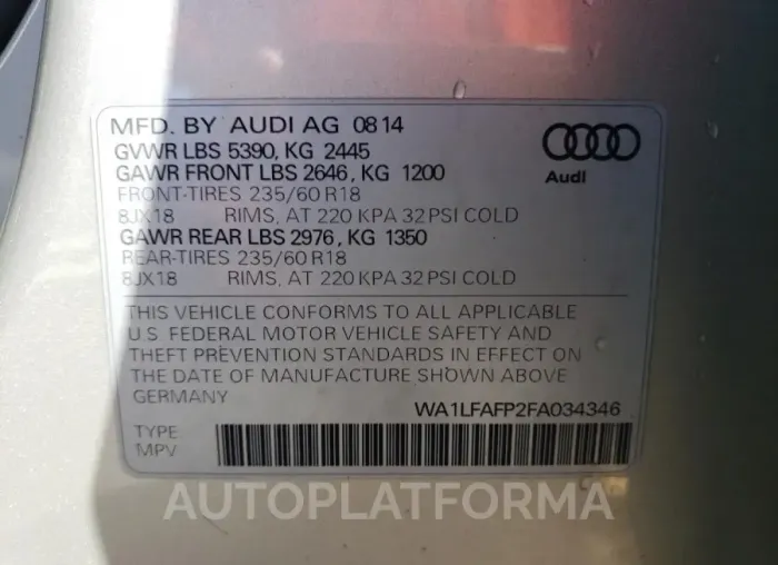 AUDI Q5 PREMIUM 2015 vin WA1LFAFP2FA034346 from auto auction Copart