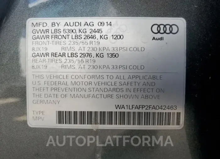 AUDI Q5 PREMIUM 2015 vin WA1LFAFP2FA042463 from auto auction Copart