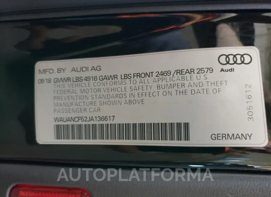 AUDI A5 PREMIUM 2018 vin WAUANCF52JA136617 from auto auction Copart