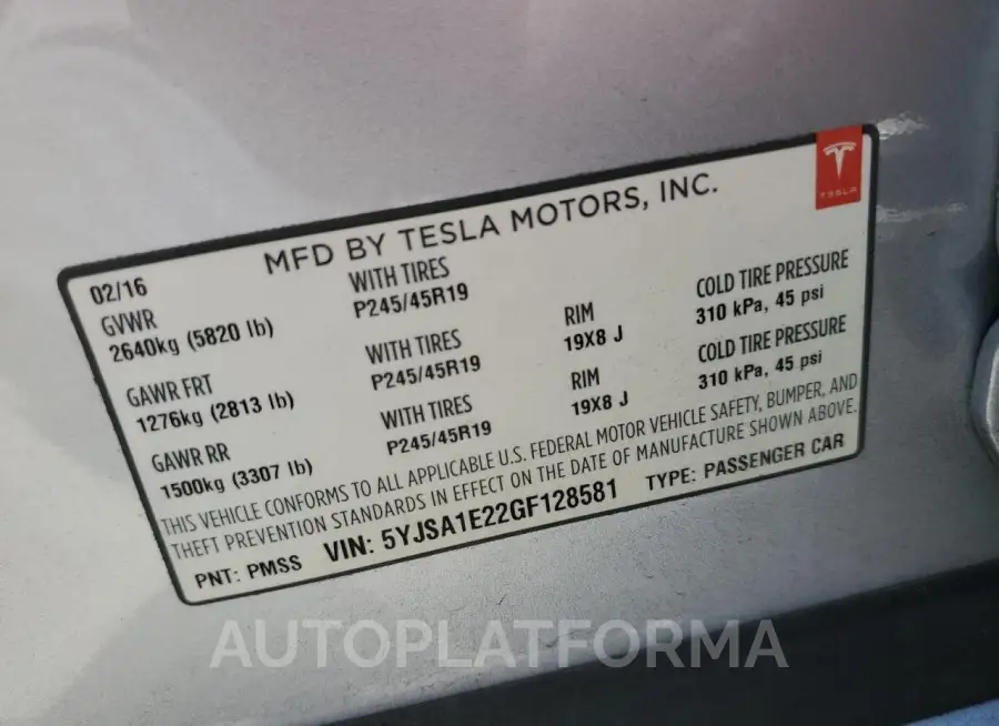 TESLA MODEL S 2016 vin 5YJSA1E22GF128581 from auto auction Copart