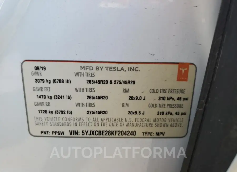 TESLA MODEL X 2019 vin 5YJXCBE28KF204240 from auto auction Copart