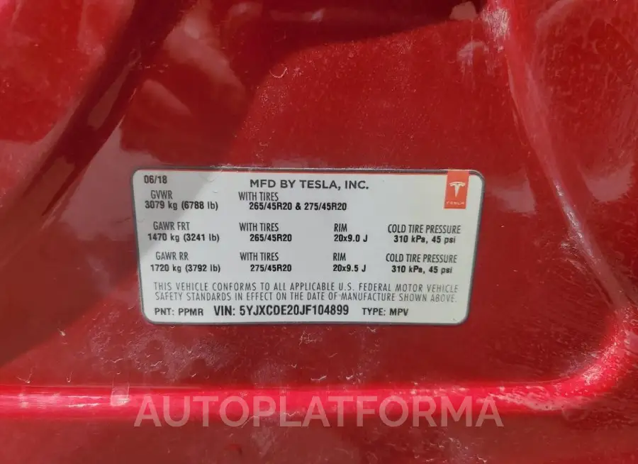 TESLA MODEL X 2018 vin 5YJXCDE20JF104899 from auto auction Copart