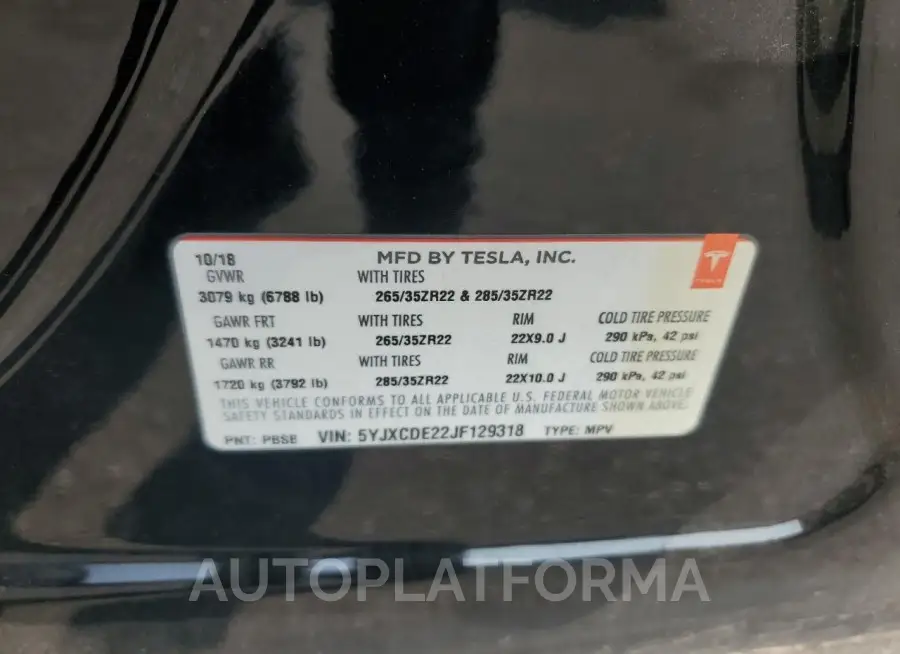 TESLA MODEL X 2018 vin 5YJXCDE22JF129318 from auto auction Copart