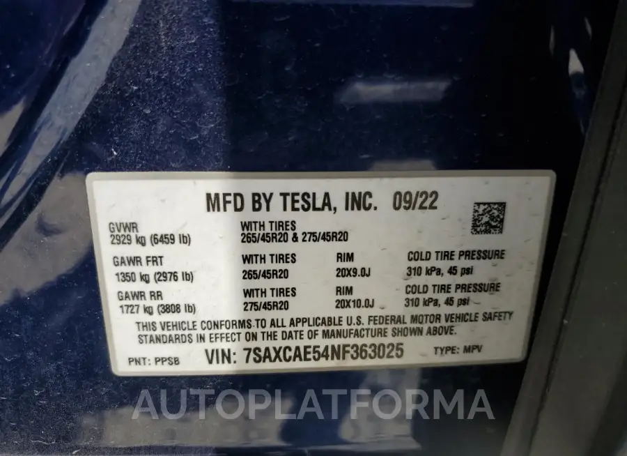 TESLA MODEL X 2022 vin 7SAXCAE54NF363025 from auto auction Copart