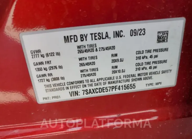 TESLA MODEL X 2023 vin 7SAXCDE57PF415655 from auto auction Copart