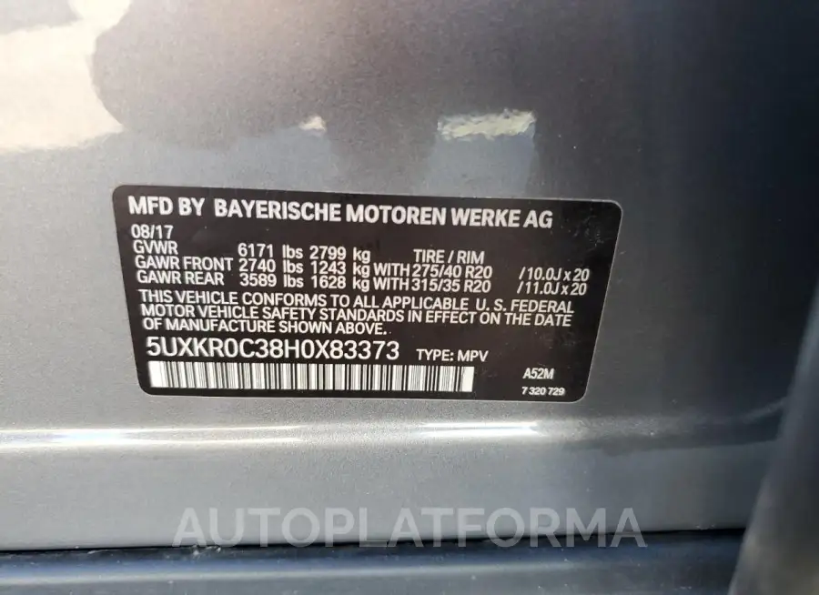 BMW X5 XDRIVE3 2017 vin 5UXKR0C38H0X83373 from auto auction Copart