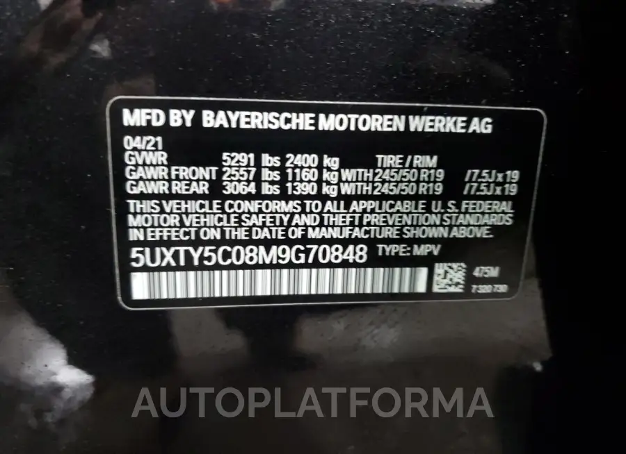 BMW X3 XDRIVE3 2021 vin 5UXTY5C08M9G70848 from auto auction Copart