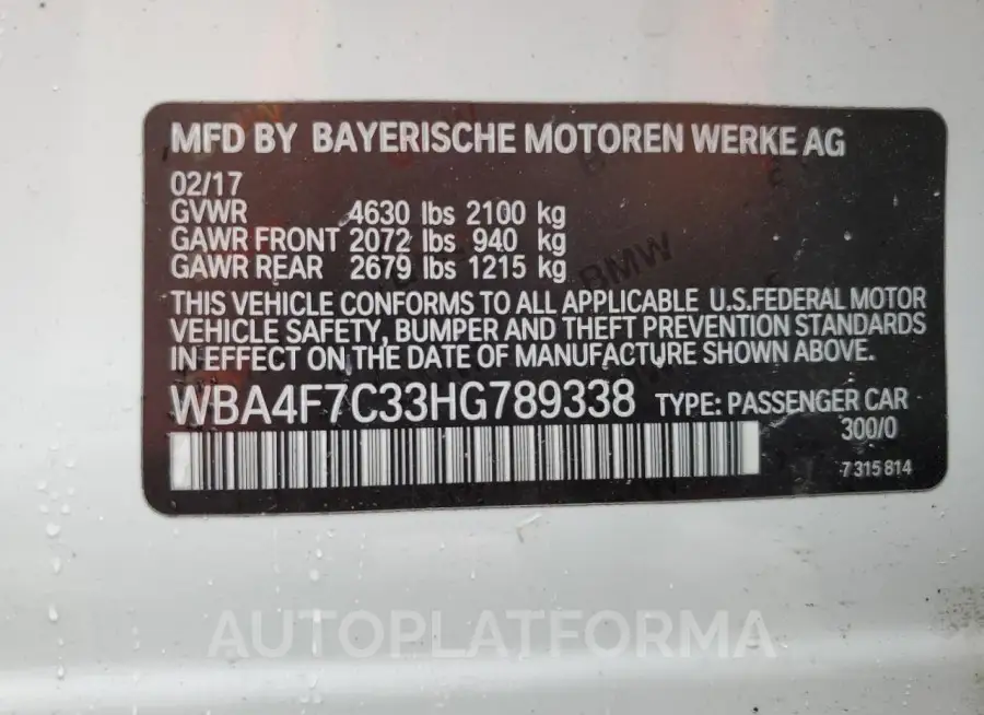 BMW 430I GRAN 2017 vin WBA4F7C33HG789338 from auto auction Copart