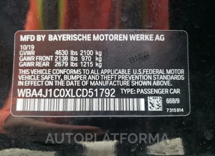 BMW 430I GRAN 2020 vin WBA4J1C0XLCD51792 from auto auction Copart