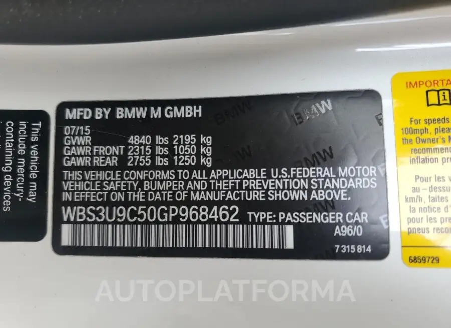 BMW M4 2016 vin WBS3U9C50GP968462 from auto auction Copart