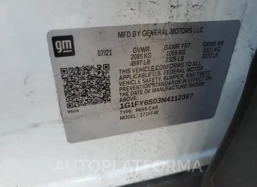 CHEVROLET BOLT EUV L 2022 vin 1G1FY6S03N4112397 from auto auction Copart