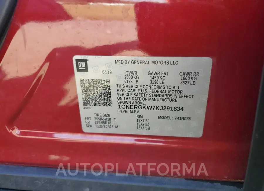 CHEVROLET TRAVERSE L 2019 vin 1GNERGKW7KJ291834 from auto auction Copart