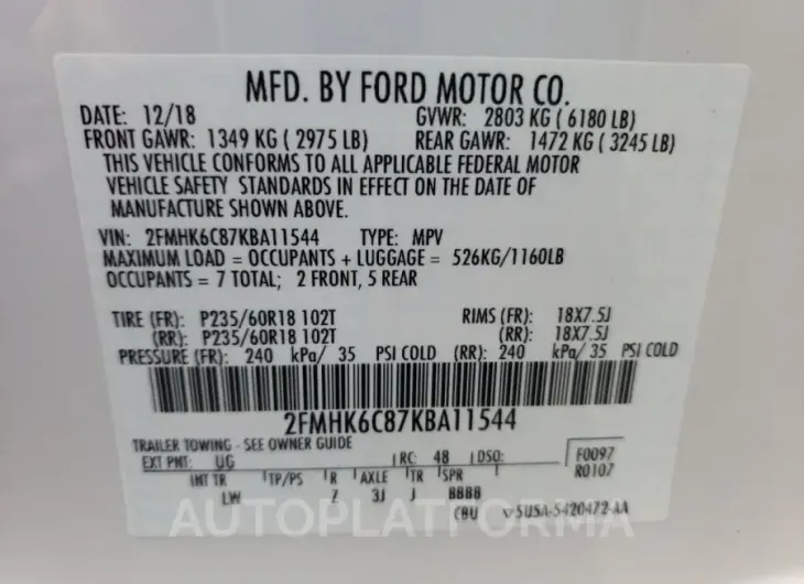 FORD FLEX SEL 2019 vin 2FMHK6C87KBA11544 from auto auction Copart