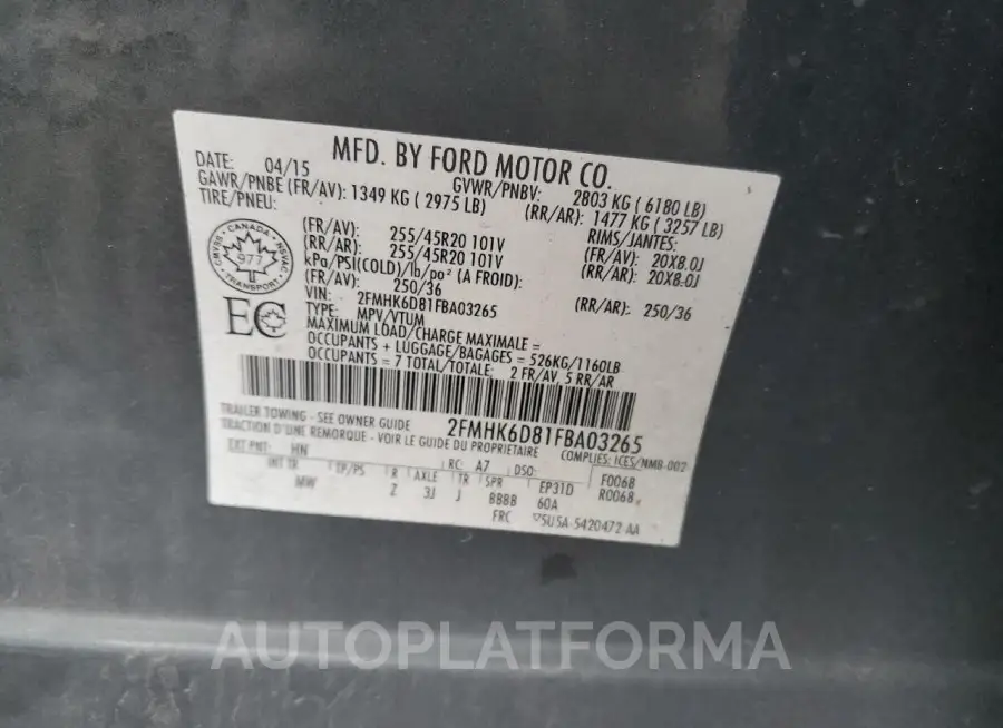 FORD FLEX LIMIT 2015 vin 2FMHK6D81FBA03265 from auto auction Copart