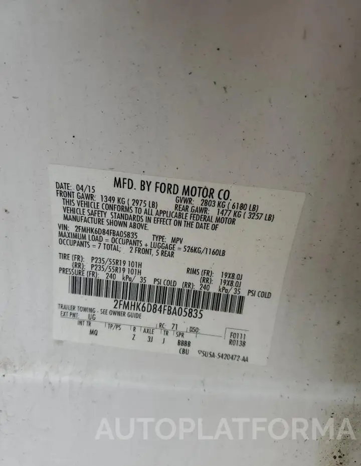 FORD FLEX LIMIT 2015 vin 2FMHK6D84FBA05835 from auto auction Copart