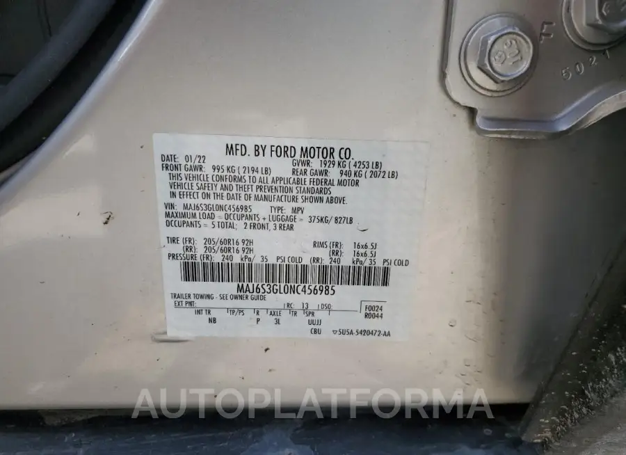 FORD ECOSPORT S 2022 vin MAJ6S3GL0NC456985 from auto auction Copart