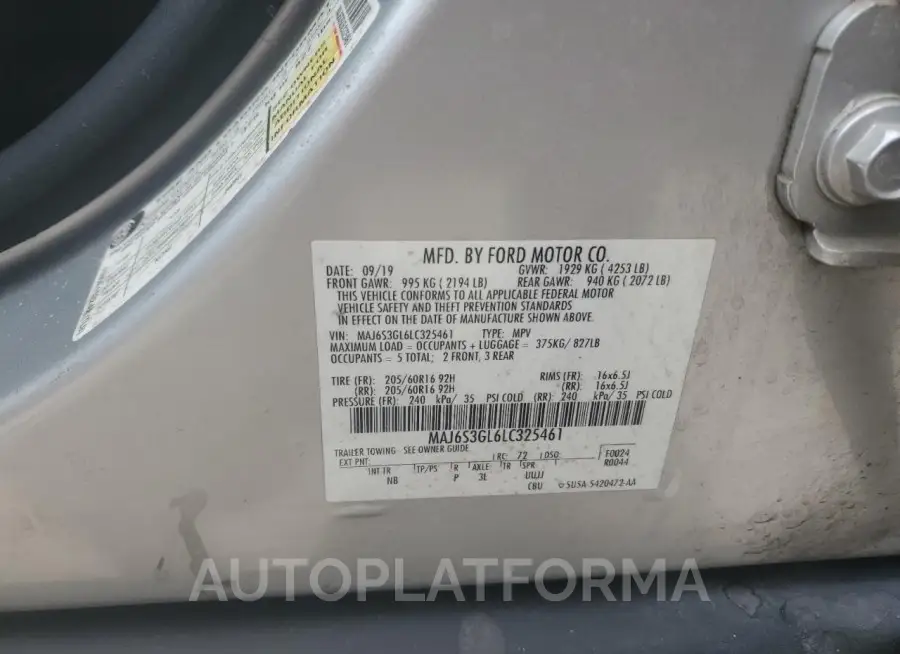 FORD ECOSPORT S 2020 vin MAJ6S3GL6LC325461 from auto auction Copart