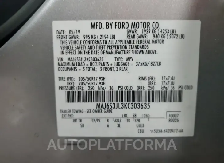 FORD ECOSPORT S 2019 vin MAJ6S3JL3KC303635 from auto auction Copart