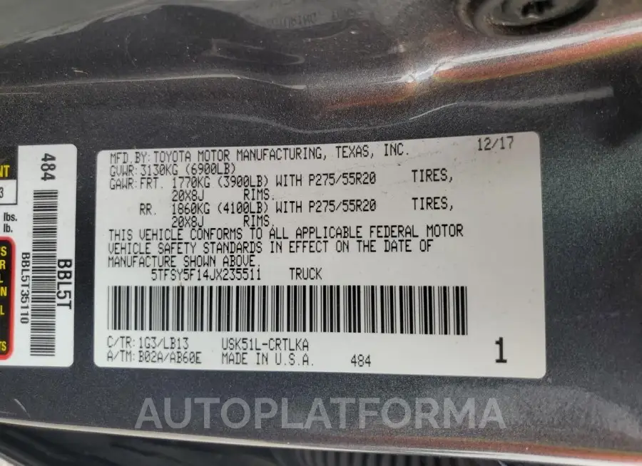 TOYOTA TUNDRA DOU 2018 vin 5TFSY5F14JX235511 from auto auction Copart