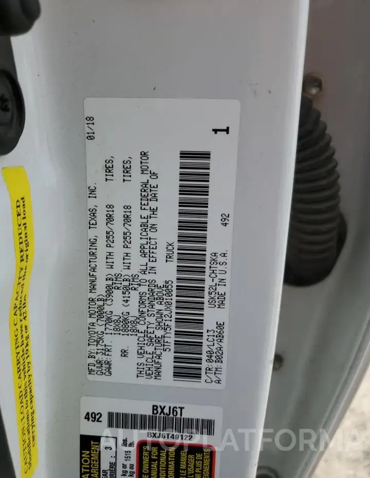 TOYOTA TUNDRA DOU 2018 vin 5TFTY5F12JX010055 from auto auction Copart