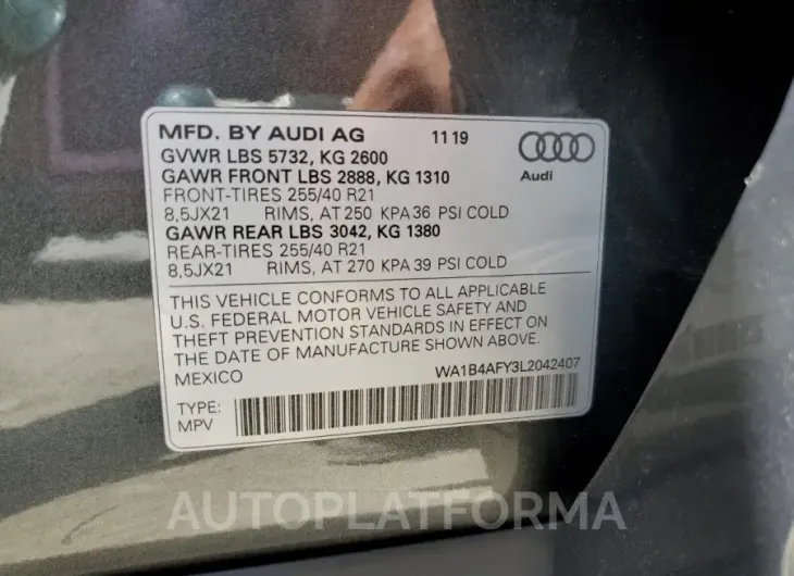 AUDI SQ5 PREMIU 2020 vin WA1B4AFY3L2042407 from auto auction Copart